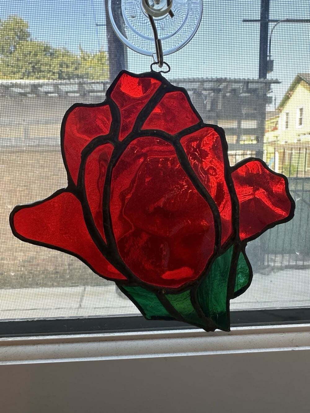 Vintage Stained Glass Red Rose Suncatcher Window Hanging Flower Slag Art Glass